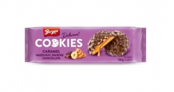 Cookies sušenky s karamelovou hmotou, cereálními lupínky, rozinkami a lískovými oříšky v mléčné čokoládě 130 g